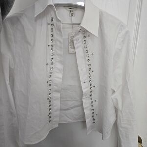 White Button-Up Shirt with Bedazzled Accents